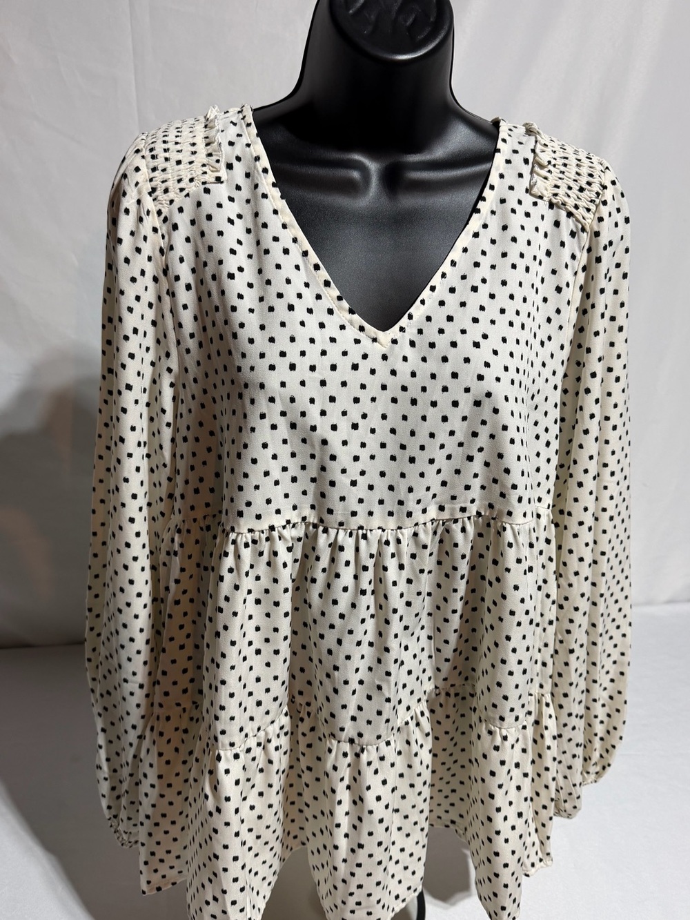 Jodifl Tiered Ivory Babydoll Top Polka Dot V-Neck Smocked Shoulder Boho Small